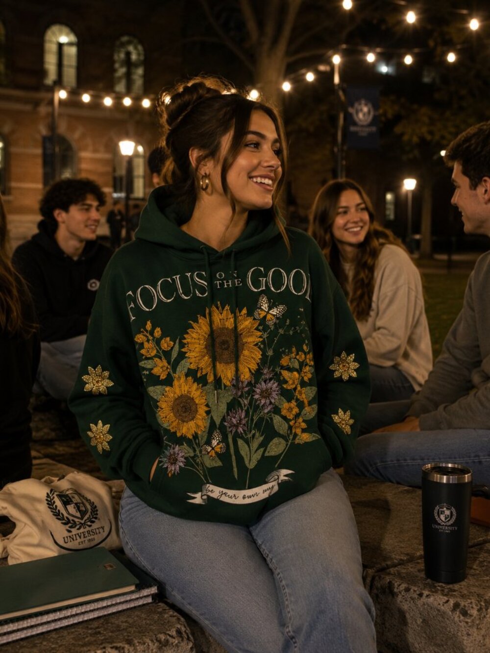 Focus On The Good Vintage Floral Rhinestone Hoodie Y2K Retro Plus Size XXL Green